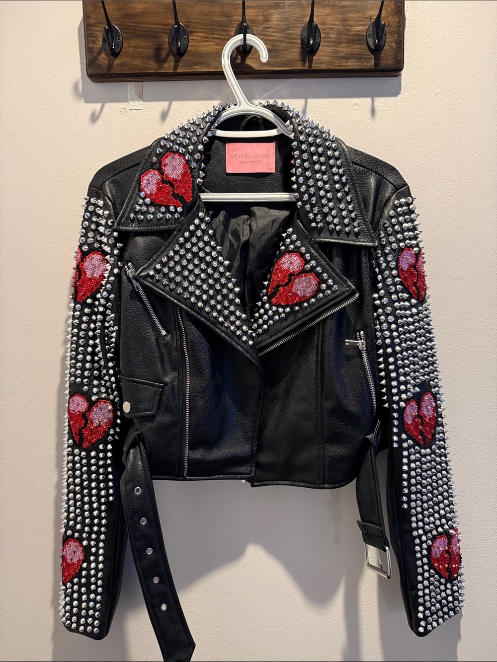 Studded Black Faux Leather Moto Jacket with Red Heart Appliqués